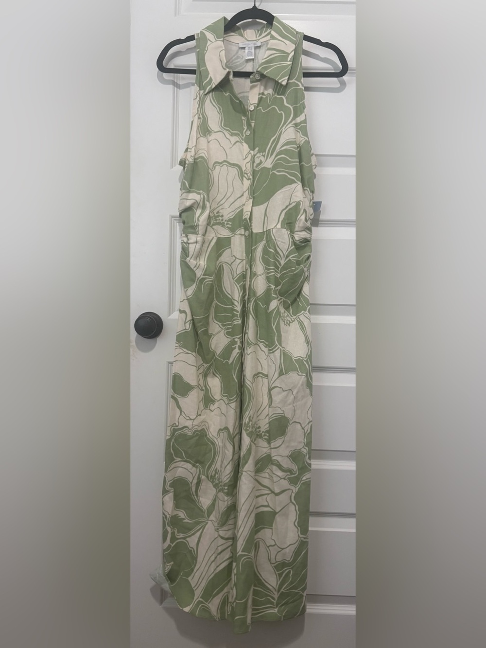 London Times Sage & Cream Linen Blend Collared Maxi Dress - Size 12